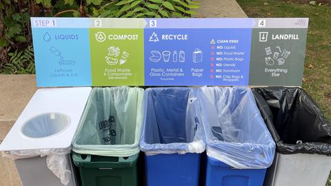 Event waste bin set up showing separate and labeled bins for multiple waste streams