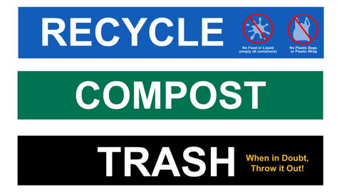 Labels showing Recycle, Compost, and Trash signs