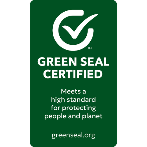 white checkmark on green background and says green seal certified meets a high standard for protecting people and planet