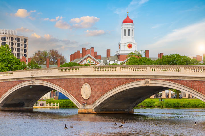 A brick footbridge over a river, with campus buildings in the background